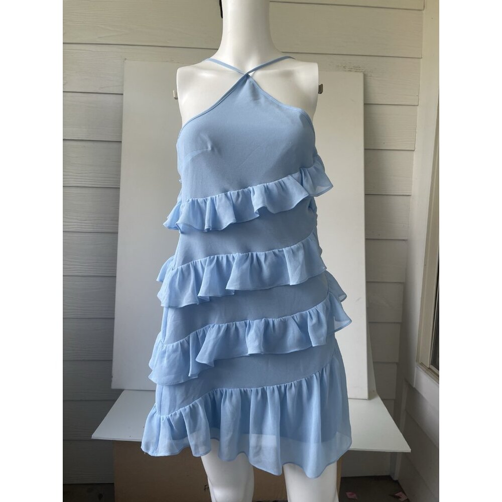 Lovers + Friends Liv Ruffle Mini Dress Blue Size S Halter Summer Party - Picture 7 of 9